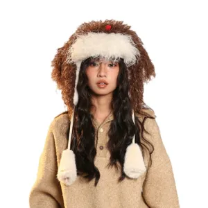 Automne hiver mignon duveteux chiot chapeau oreillettes chaud peluche drôle casquette femme.