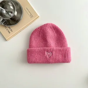 Cute pink knitted beanie for kids with heart embroidery, cozy winter warm casual knit hat.
