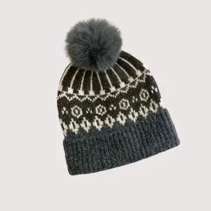 Kids winter knit beanie hat with fluffy pom pom retro fair isle pattern warm