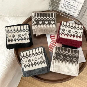Winter retro knit scarf soft warm cashmere feel geometric pattern multi color option detail view