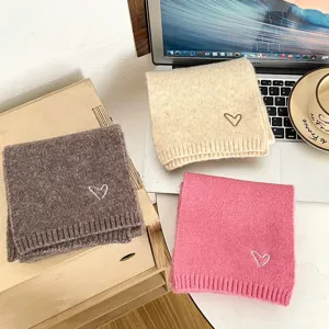 Kids winter knitted scarf set with cute heart embroidery, warm and cozy children accessories.