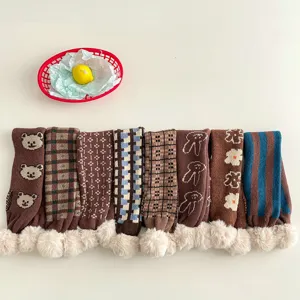 Kids knitted cross scarf with plush balls cute cartoon bear rabbit plaid winter warm neck wrap