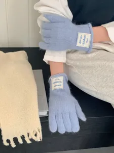 Vista dettagliata dei guanti touch in maglia azzurra, con tessitura morbida ed etichetta.