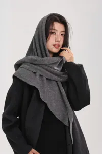 Detail view of dark gray wool triangle scarf, soft knit texture draped elegantly on model.