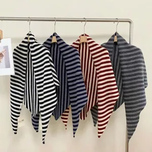 Pure wool large triangular striped scarf shawl, korean style warm outer cape for women autumn winter