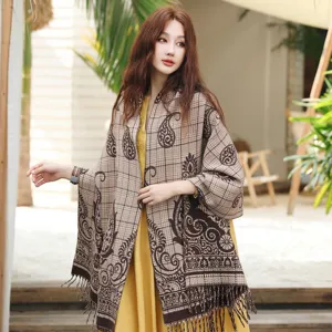 Mujer imitación cachemira reversible cuadros chal retro paisley capa otoño invierno