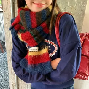 Cozy wool-blend colorful striped fuzzy scarf for women, stylish winter warm neck warmer.