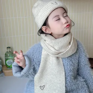 Kids knitted hat and scarf set with cute heart embroidery, warm winter solid color beanie.