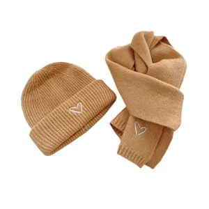 Kids knitted hat scarf set cute heart embroidery winter warm camel toddler boys girls