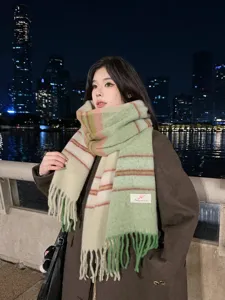 Women winter cashmere feel plaid striped tassel scarf warm stylish elegant neck wrap