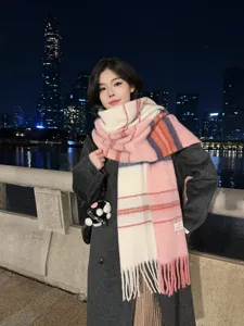 Women stylish colorblock striped winter warm fringe scarf cozy casual fashion daily wear