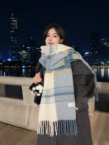 Korean style winter women blue white plaid gradient warm cashmere feel tassel scarf shawl