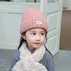 Ensemble bonnet en tricot rose et écharpe en peluche pour enfants, bonnet chaud bébé.