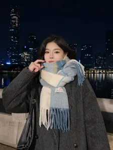 Women winter color-block plaid tassel scarf soft imitation cashmere warm winter wrap