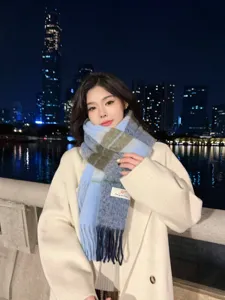 Cozy gradient plaid tassel scarf, soft imitation cashmere winter warm fashion neck accessory.