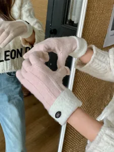 Korean style thick knit gloves for women, autumn winter warm pink and white fleece cuff mittens.