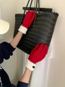 Korean style thick knit gloves with plush cuffs and chic buttons for winter warmth.