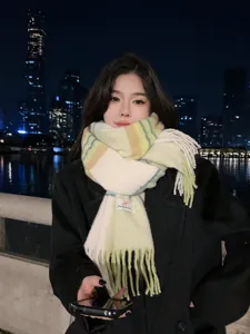 Gradient striped tassel scarf for women, winter warm cozy cashmere-feel shawl, stylish bib.