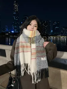 Women winter cozy gradient plaid scarf warm tassel wrap stylish soft fashion neck cover