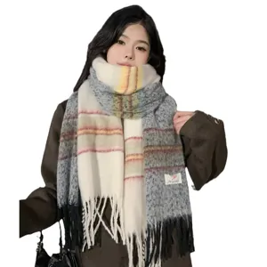 Cozy winter striped gradient women scarf, Korean style soft cashmere feel warm tassel shawl.