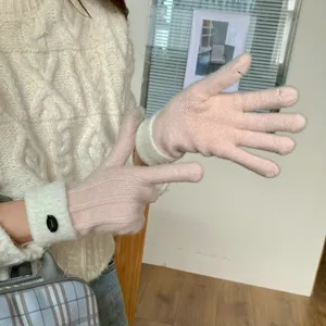 Winter thick knit gloves for women, warm pink touchscreen gloves with cute cuff buttons stylish.