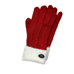 Red winter knitted gloves featuring fluffy white plush cuffs, warm and stylish.