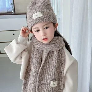 Conjunto de gorro y bufanda de punto para niños otoño invierno cálido grueso dos piezas