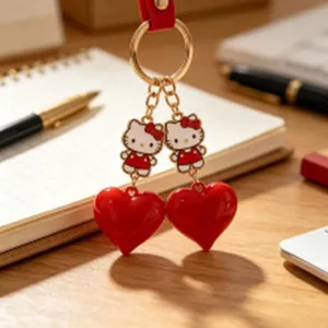 Detailed view of glossy red heart charms and cute cat character pendants for DIY jewelry making