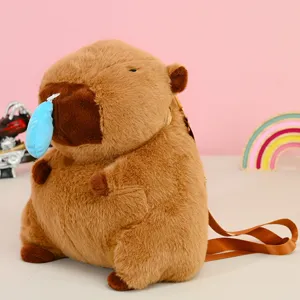 Vista detallada de una mochila de peluche de carpincho marrón con accesorio lindo.