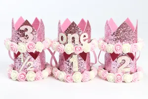 Set de coronas de cumpleaños con purpurina rosa y números del 1/2 al 3 para bebés.