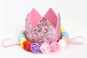 Diadema con corona de purpurina rosa para niños con rosas de colores para fiestas