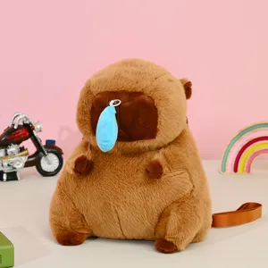 Adorable mochila de peluche de carpincho marrón con detalle de burbuja nasal azul para niños