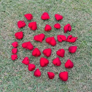 Close-up of matte red heart charms scattered on grass for DIY jewelry making