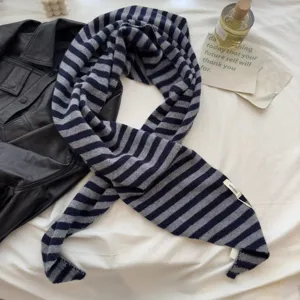 Blue grey striped 100% wool triangle scarf, cozy winter knit shawl wrap for women.