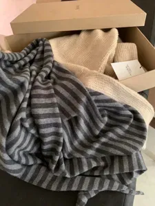 Close-up detail view of the cozy wool striped shawl scarf displayed neatly in box.
