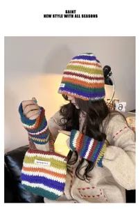 Colorful knitted rainbow wool hat, sleeves and small bag set for autumn and winter warmth.