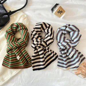 Vue detaillee d'echarpe en tricot a rayures colorees, foulard chaud et doux pour l'hiver.