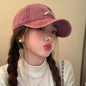 Casquette de baseball brodée de nœud lavée rétro femmes printemps large bord chapeau
