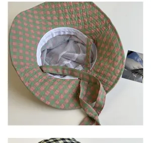 Cappello da pescatore a quadretti rosa verde estate donna tesa larga protezione solare rete.