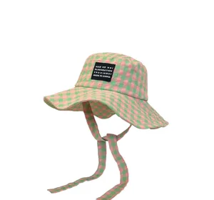 Cappello da pescatore a quadri rosa e verde con lacci, cappello da sole estivo tesa larga donna.