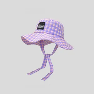 Cappello da pescatore a quadri viola e rosa con laccetto per estate tesa larga donna sole