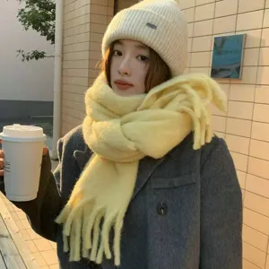 Detailansicht des kuscheligen Winterschal mit Fransen und Strickmütze im modischen Streetwear-Stil.