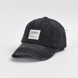Verwaschene schwarze Jeans Baseballcap mit Patch, vintage Unisex Streetwear Mütze neu.