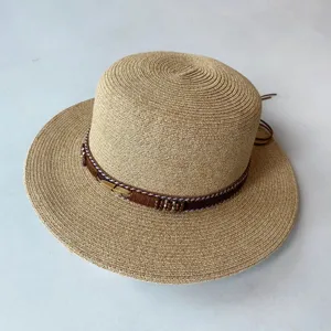 Sommer Damen ethnischer Strohhut flacher Top Sonnenhut Strand Freizeit geflochtener Hut Detail