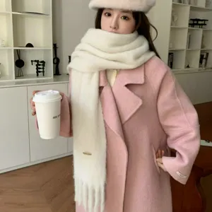 Winter dicker Fransen Kaschmir-Gefühl einfarbiger warmer Schal und eleganter Wollmantel