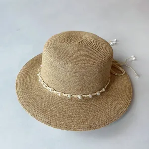 Sommer Strohhut für Damen flacher Oberteil mit Perlen geflochtenem Band Strand Hut