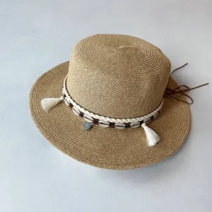 Damen Sommer flacher Strohhut Boho Strand Sonnenhut breite Krempe Sonnenschutz elegant