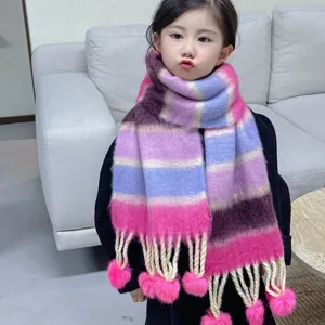 Dopamin Bunt Gestreift Kinder Schal Winter Warm Pompon Quaste Polyester Jacquard Schal Für Jungen Mädchen Alltag Kleidung