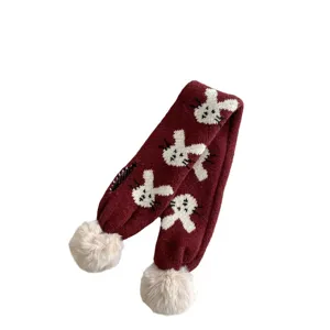 Children knitted cross scarf with cute rabbit motif and fluffy pom poms, winter warm neck warmer.