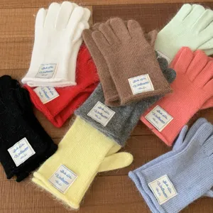Guanti in Maglia da Donna Moda Coreana Touch Screen Caldi in Lana d'Angora Invernali Tinta Unita a Cinque Dita Allungati